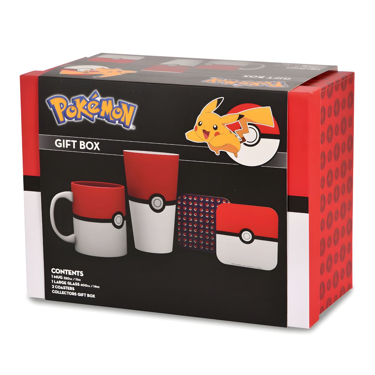 Pokémon Geschenkset - XXL Glas, Tasse, 2 Untersetzer Pokéball
